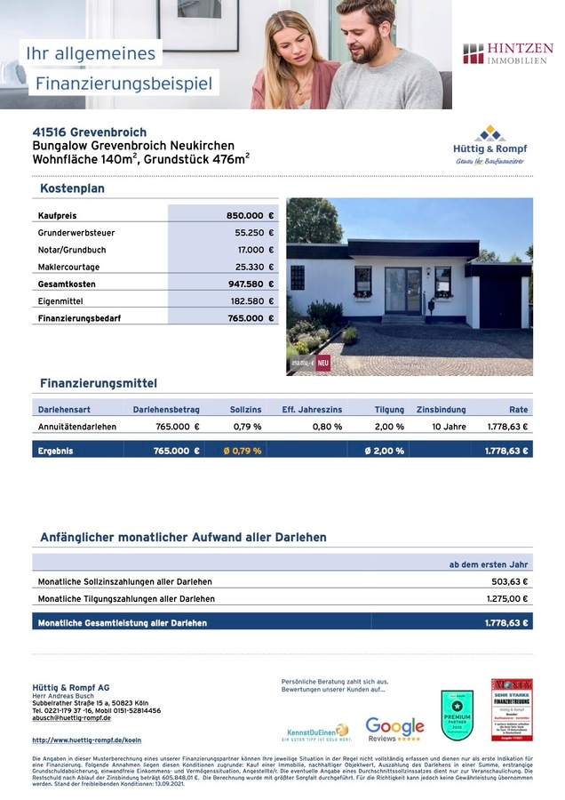 Musterberechnung - Bungalow Grevenbroich Neukirchen Bungalow Grevenbroich